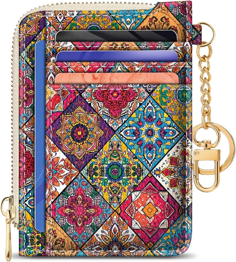 GIANCOMICS Slim Wallet Credit Card Holder Women, Boho Bohemian Mandala Rfid Blocking Small Card Case, Keychain Thin Pocket Curved Zipper Wallet, Travel Card Holder PU Leather, Ladies Female Gifts - Image 1